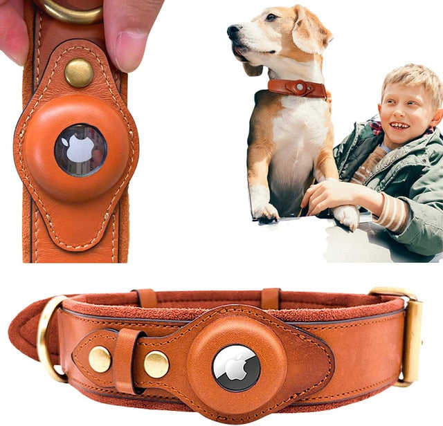 Genuine Leather Airtag Dog Collar